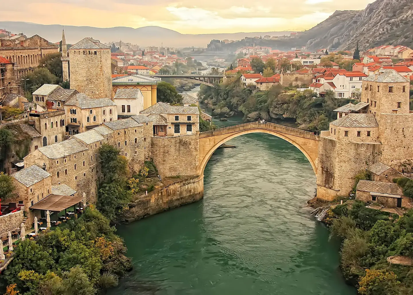 The Old Bridge in Mostar spanning the Neretva River, Bosnia