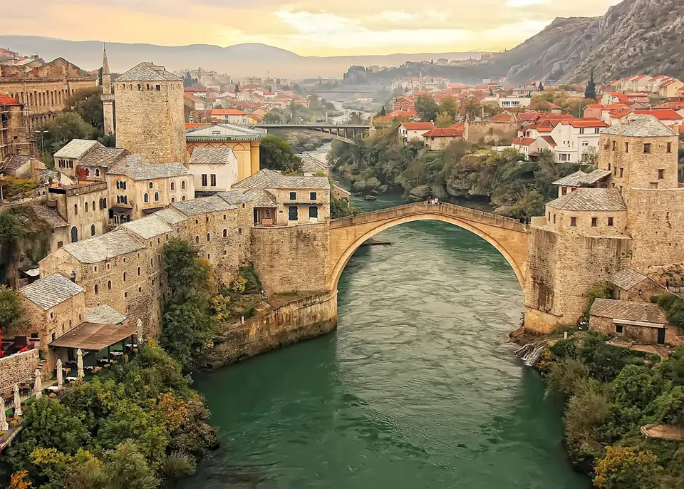 The Old Bridge in Mostar spanning the Neretva River, Bosnia