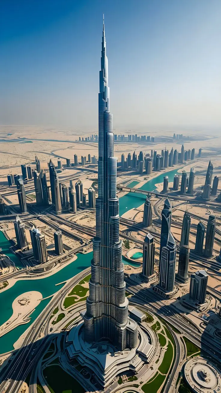 Dubai skyline at dusk with a rooftop restaurant terrace
